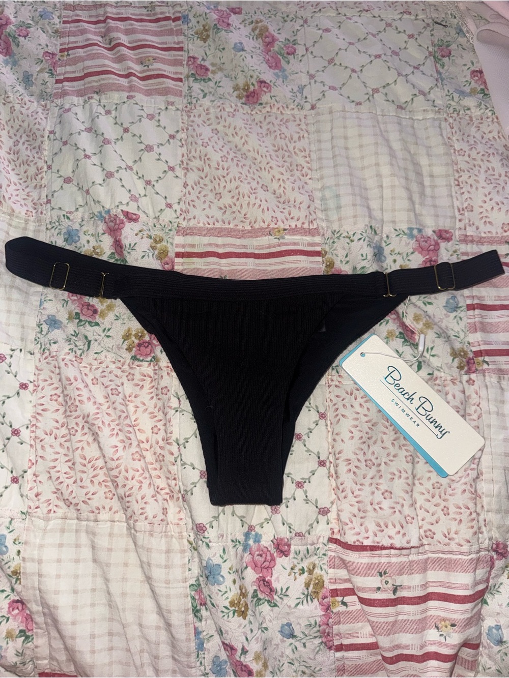 Beach Bunny Black Ribbed Bikini Bottom with Side Straps
